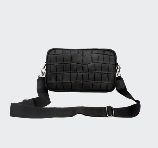 Bolso Cruzado Piel Grabado Cocodrilo Negro