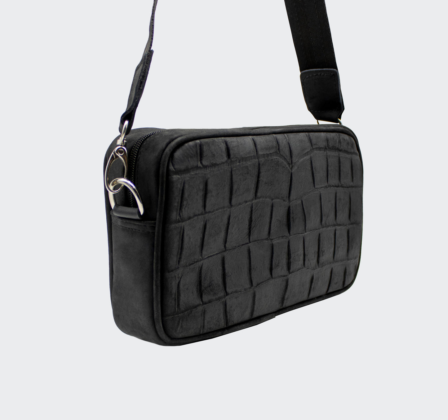 Bolso Cruzado Piel Grabado Cocodrilo Negro
